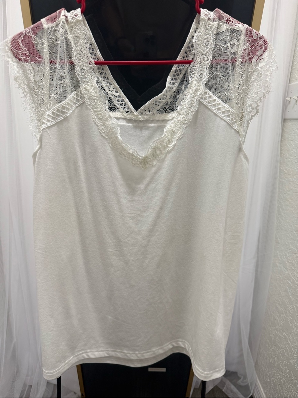 Cream Sleeveless Top with Lace Trim